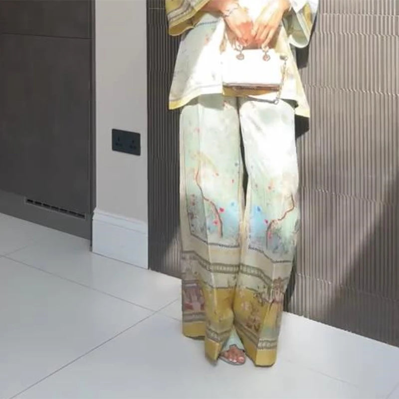 Women's Printed V-Neck Top & Wide Leg Pants Set