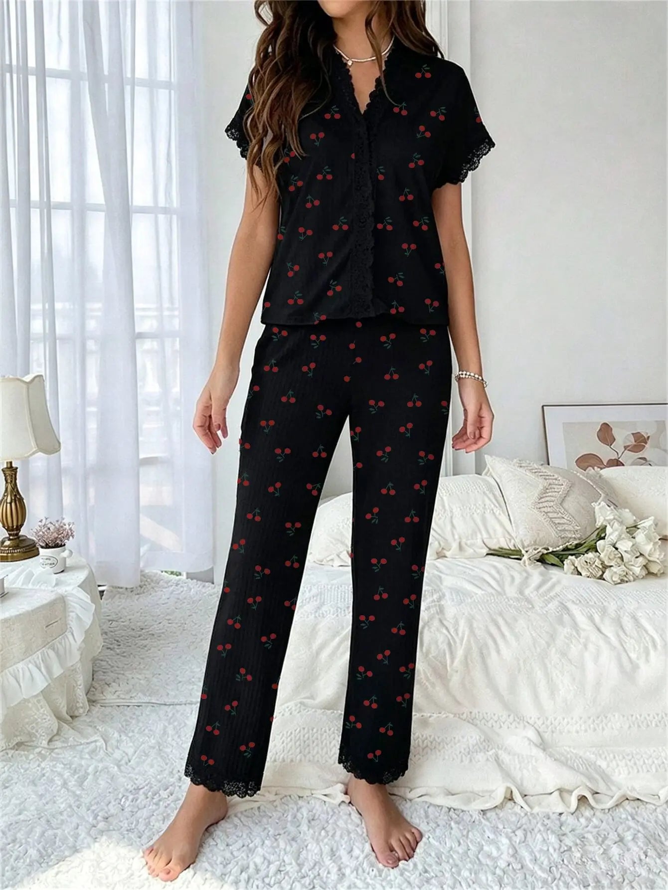 Women's Cherry Print Lace Trim Pajama Set