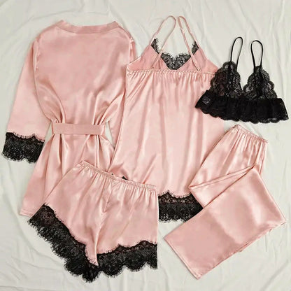 Women's Satin Sleepwear Set – Lace Robe & Pajamas