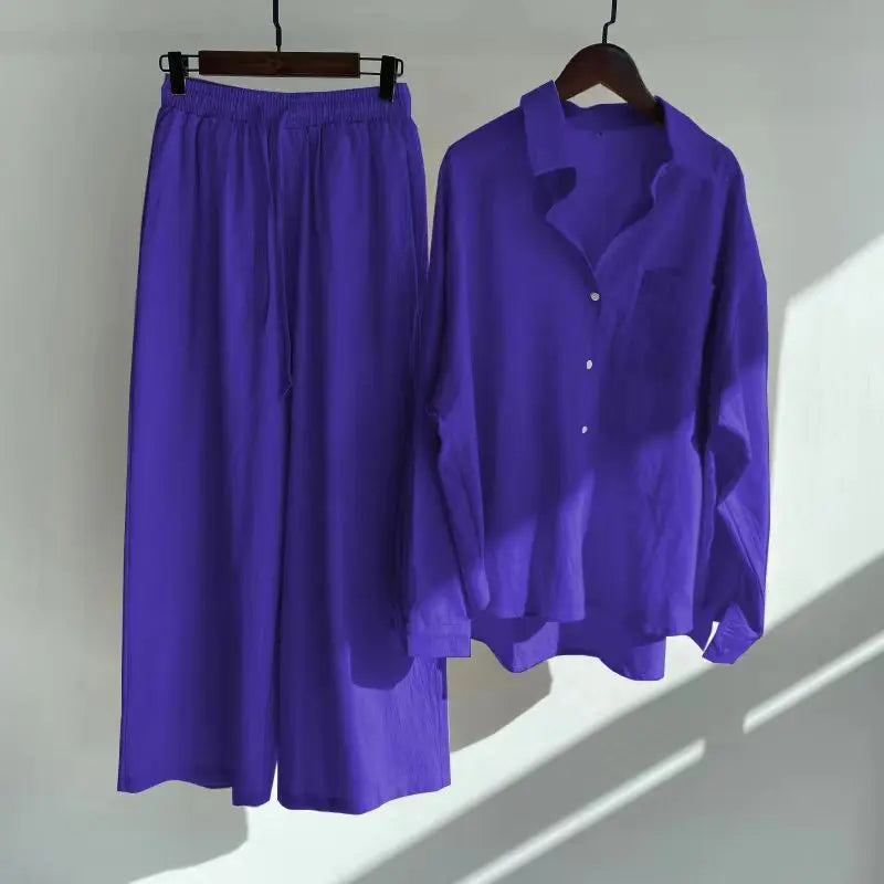 2 pieces women sets 2026 retro solid colorcotton linen shirt+high-waisted loose trousers sets women's clothing