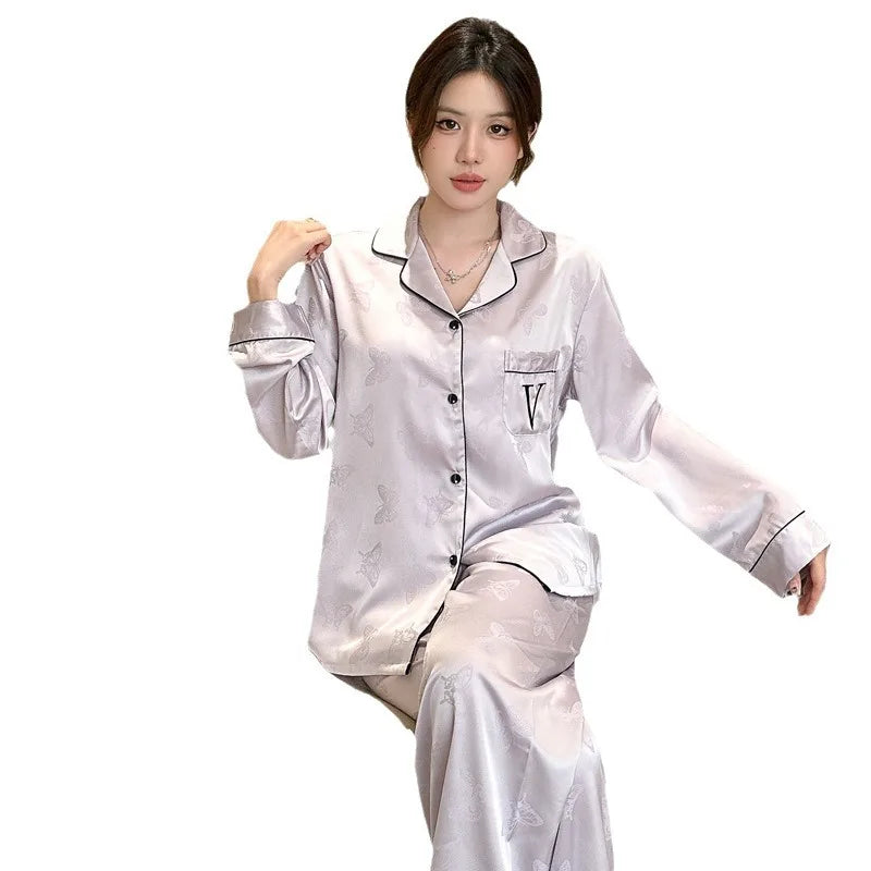 Women's Ice Silk Pajama Set Long Sleeve & Pants