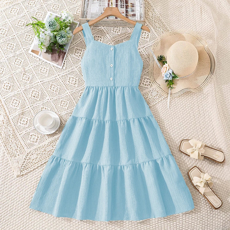 Girls 8–12Y Green Sleeveless Tiered Dress with Back Bow