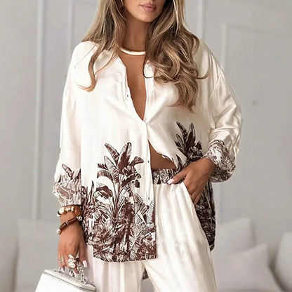 Women's Printed Shirt & Wide Leg Pants Set