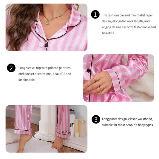 Women's Stripe Print Satin Pajama Set Long Sleeve Sleepwear