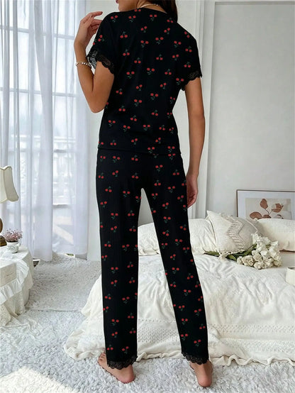 Women's Cherry Print Lace Trim Pajama Set
