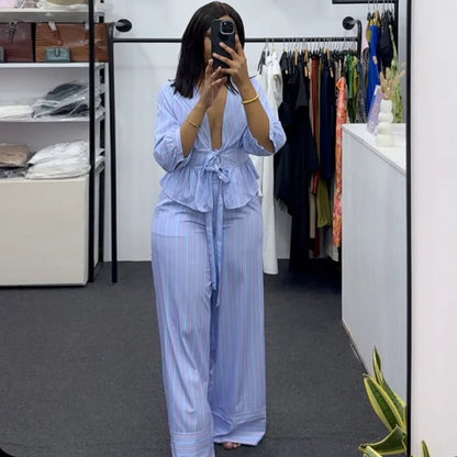 Women's Striped V-Neck Shirt & Wide Leg Pants Set