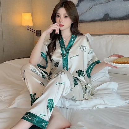 Women's Silk Pajama Set Button-Up V-Neck Printed Sleepwear