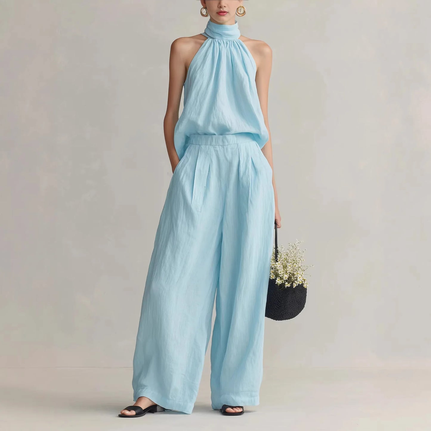 Women's 2026 Summer New Style Sleeveless Neck-Hanging Top + High-Waisted Drapey Wide-Leg Pants Leisure Set