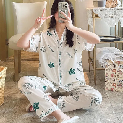 Women's Silk Pajama Set Button-Up V-Neck Printed Sleepwear
