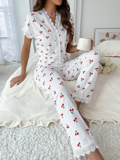 Women's Cherry Print Lace Trim Pajama Set
