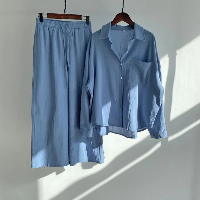 2 pieces women sets 2026 retro solid colorcotton linen shirt+high-waisted loose trousers sets women's clothing