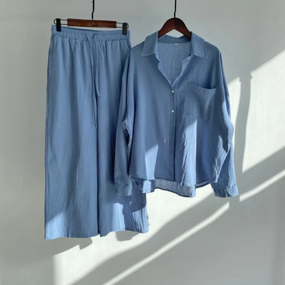 2 pieces women sets 2026 retro solid colorcotton linen shirt+high-waisted loose trousers sets women's clothing