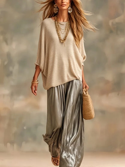 Women's Knit Top & Satin Wide Leg Pants Set