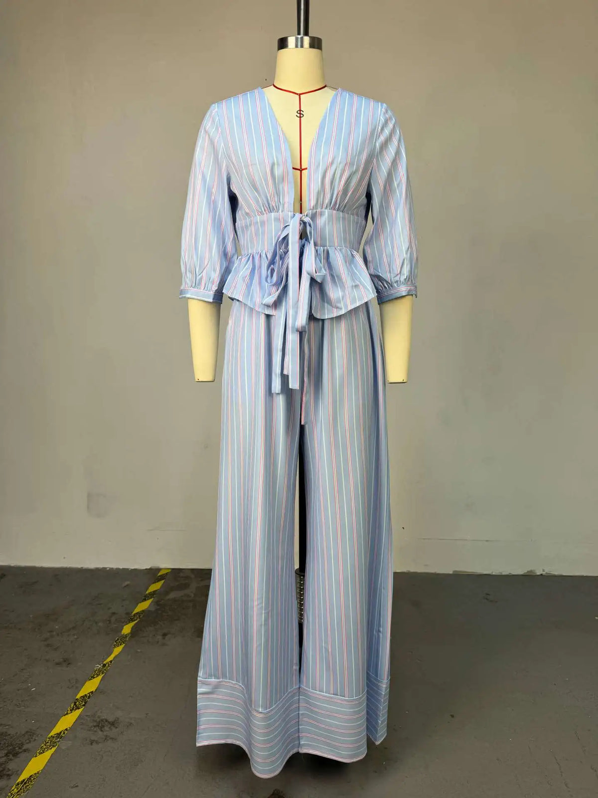 Women's Striped V-Neck Shirt & Wide Leg Pants Set