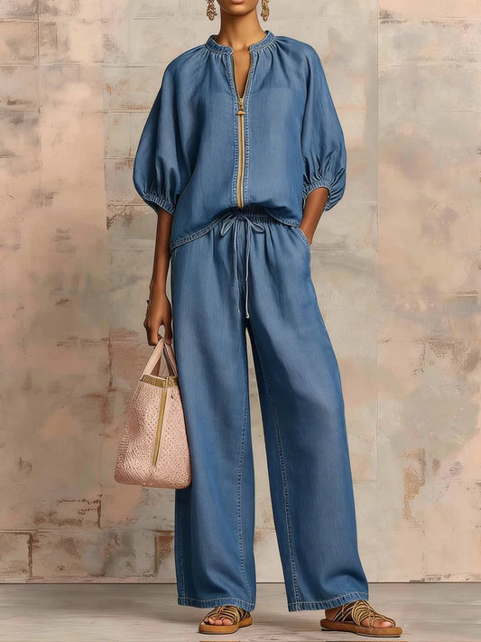 Fashion Simple Solid Wide Leg Pant Outfits  Elegant Zip Drawstring Loose Suit Casual O-neck Half Sleeve Shirt with Pants 2Pc Set