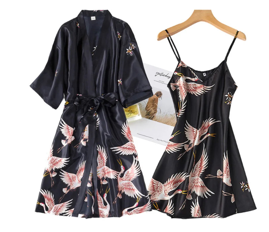 Sexy Women 2PC Silky Nightwear Gown Set V-Neck Pajama Sleepwear