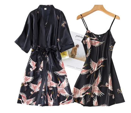 Sexy Women 2PC Silky Nightwear Gown Set V-Neck Pajama Sleepwear