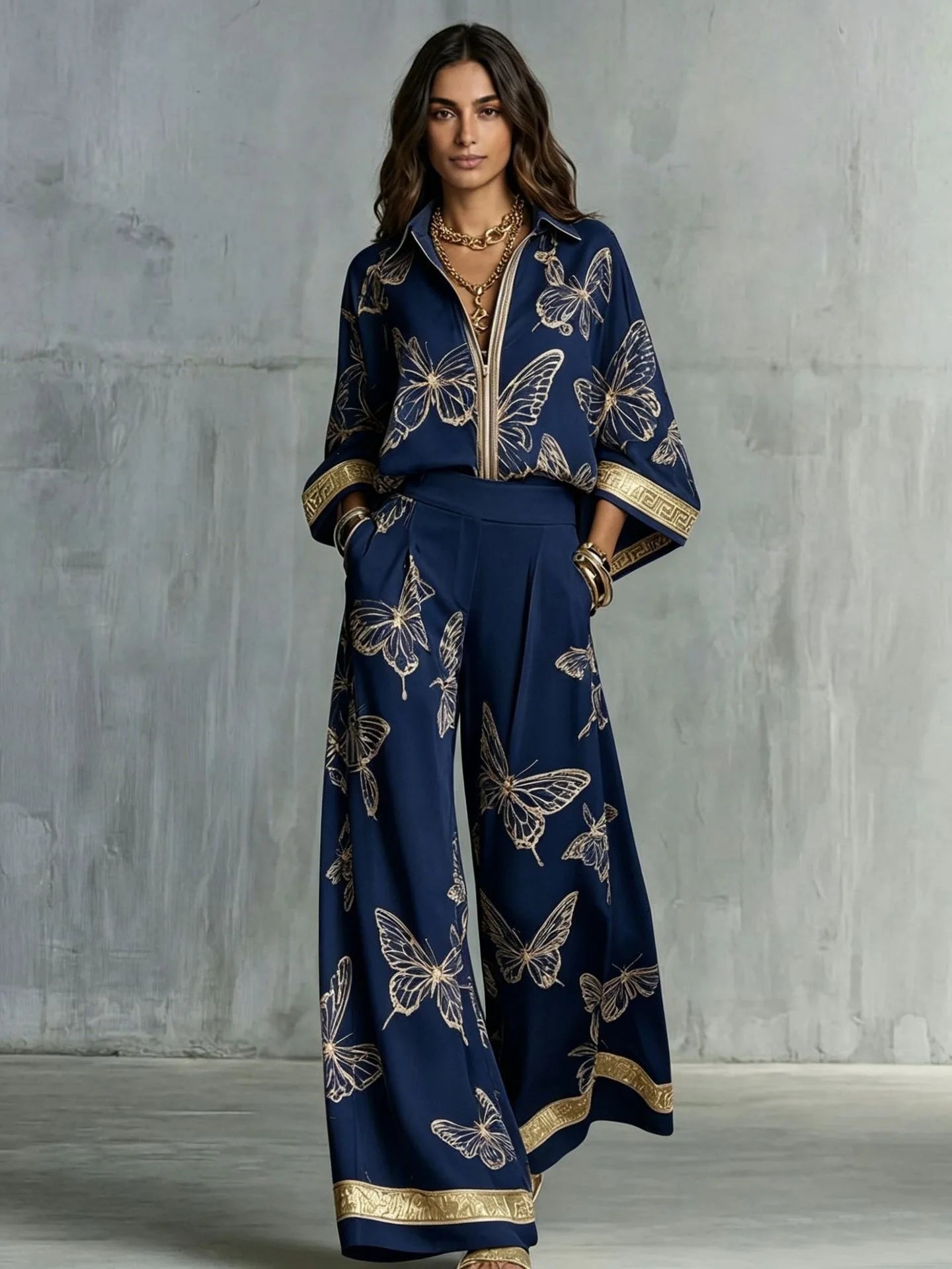 Retro Butterfly Print 2 Piece Set Lapel Zipper Solid Shirt Top + Wide Leg Trousers Holiday  Pants Set Matching Suit Outfit 2026