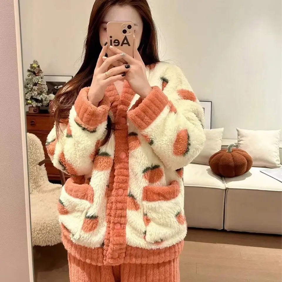 Women's Thick Flannel Coral Fleece Pajama Set