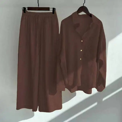 2 pieces women sets 2026 retro solid colorcotton linen shirt+high-waisted loose trousers sets women's clothing