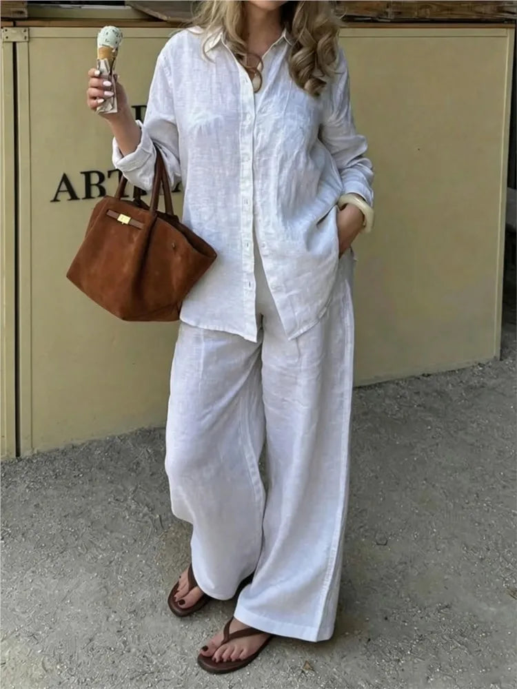 Women's Linen Shirt & Wide Leg Pants Set