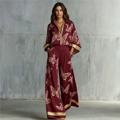 Retro Butterfly Print 2 Piece Set Lapel Zipper Solid Shirt Top + Wide Leg Trousers Holiday  Pants Set Matching Suit Outfit 2026