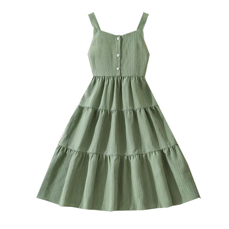 Girls 8–12Y Green Sleeveless Tiered Dress with Back Bow