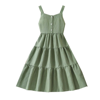 Girls 8–12Y Green Sleeveless Tiered Dress with Back Bow