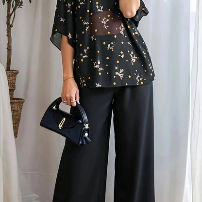 Plus Size Women's Black Floral Dot Batwing Sleeve Top + Wide Leg Pants 2-Piece Set - Elegant Casual Daily Style (0XL-4XL)