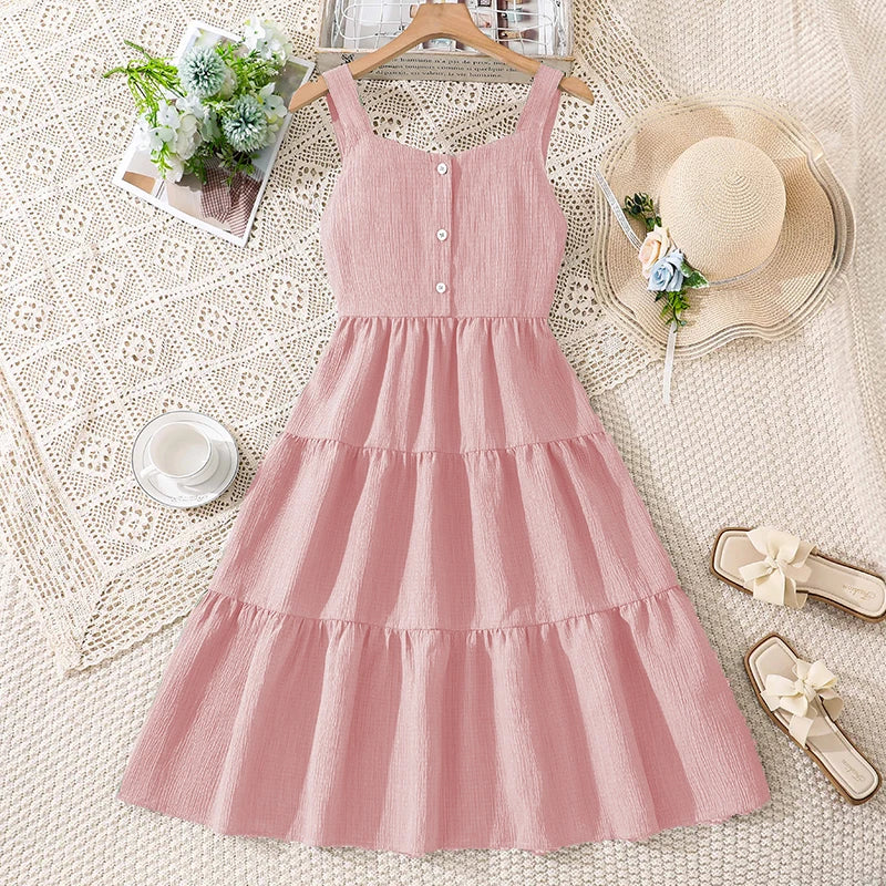 Girls 8–12Y Green Sleeveless Tiered Dress with Back Bow