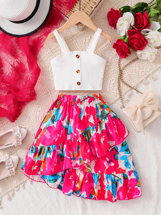 Girls Floral Skirt & Knit Cami 2-Piece Set