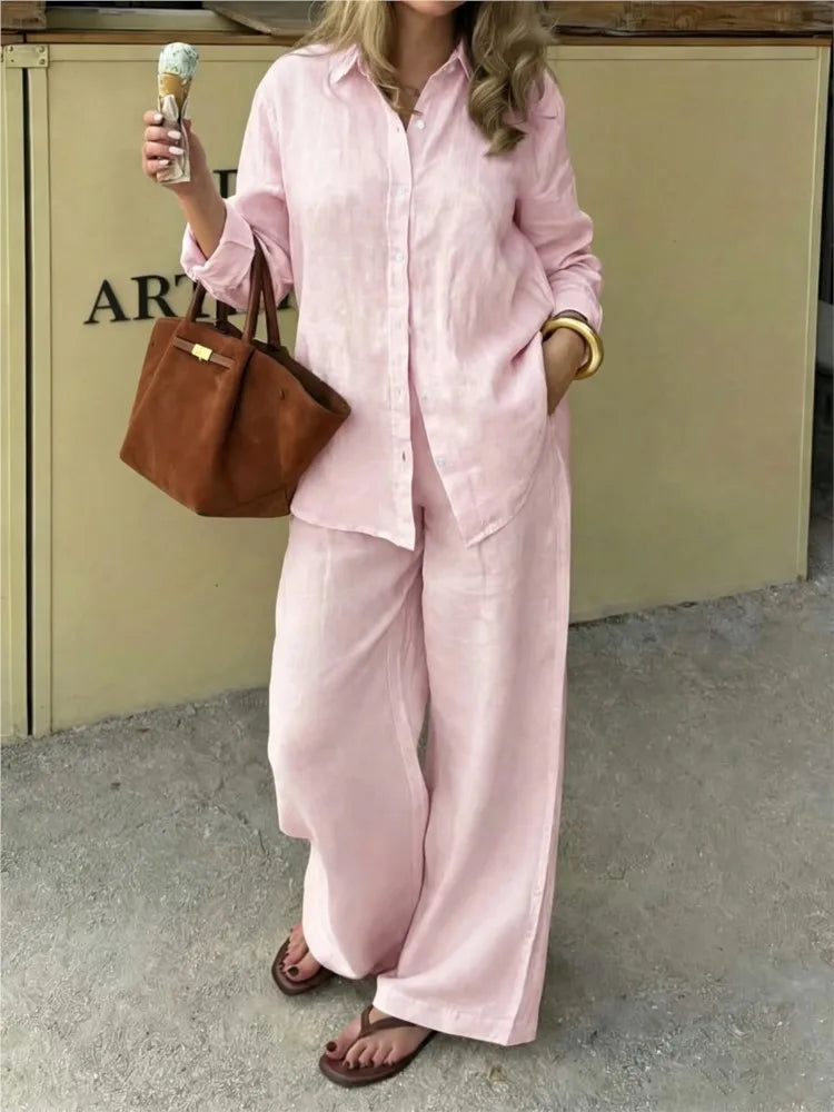 Women's Linen Shirt & Wide Leg Pants Set