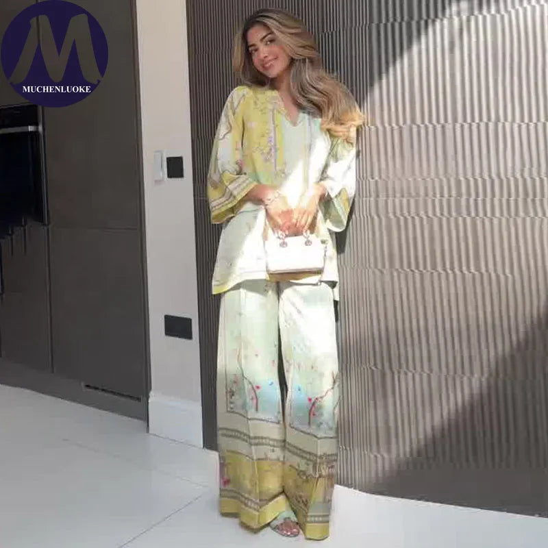 Women's V-Neck Top & Wide Leg Pants Set