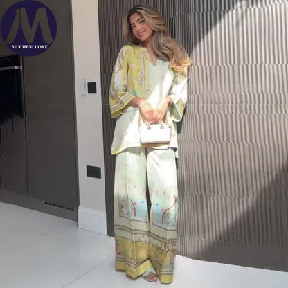 Women's V-Neck Top & Wide Leg Pants Set
