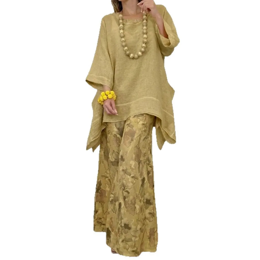Women's Floral Linen Top & Wide Leg Pants Set