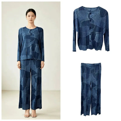 Women's Pleated Cardigan & Wide Leg Pants Set