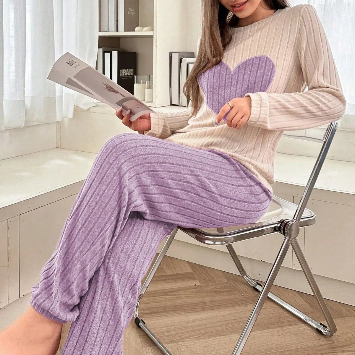 Women's Heart Print Warm Pajama Set