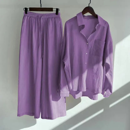 2 pieces women sets 2026 retro solid colorcotton linen shirt+high-waisted loose trousers sets women's clothing