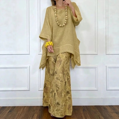 Women's Floral Linen Top & Wide Leg Pants Set