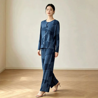 Women's Pleated Cardigan & Wide Leg Pants Set