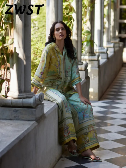 Women's Printed V-Neck Top & Wide Leg Pants Set