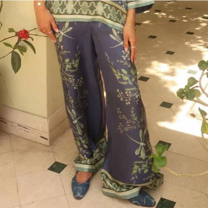 Women's Printed V-Neck Top & Wide Leg Pants Set