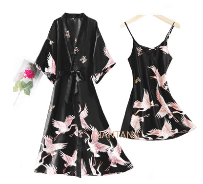 Sexy Women 2PC Silky Nightwear Gown Set V-Neck Pajama Sleepwear
