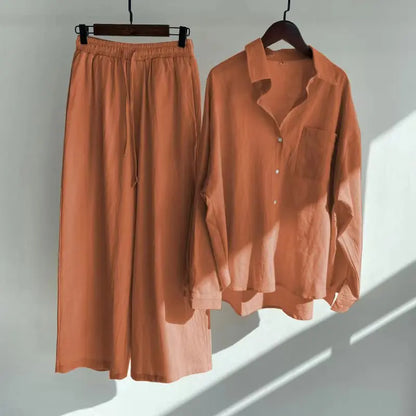 2 pieces women sets 2026 retro solid colorcotton linen shirt+high-waisted loose trousers sets women's clothing