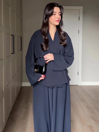 Women's V-Neck Jacket & Wide Leg Pants Set