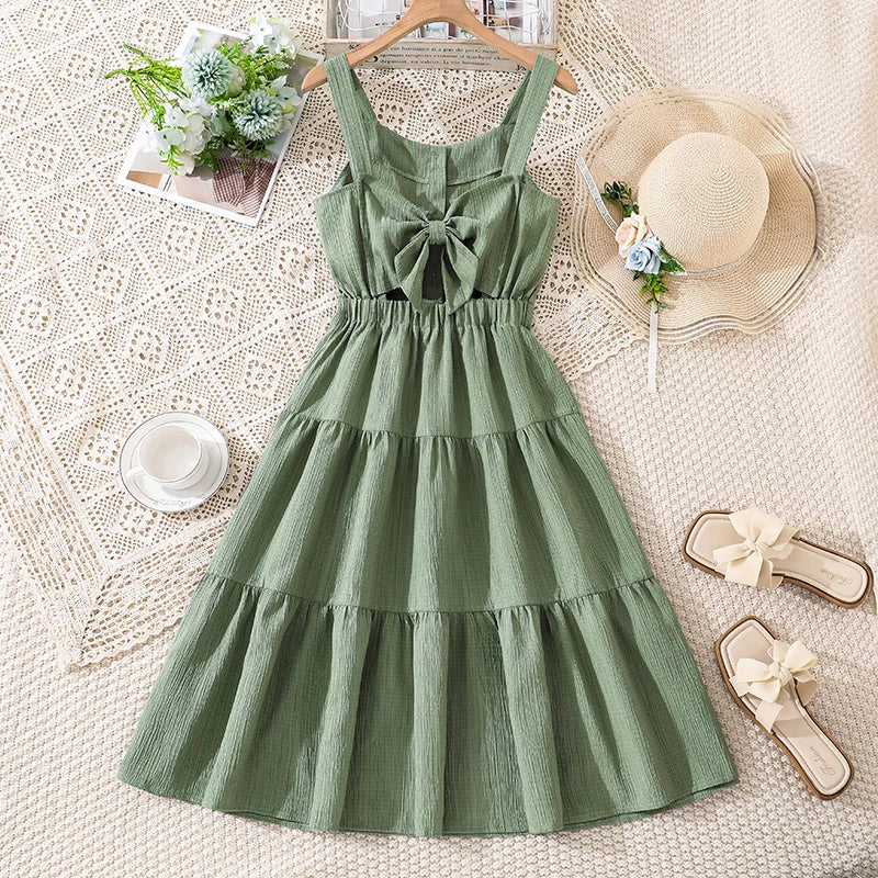 Girls 8–12Y Green Sleeveless Tiered Dress with Back Bow