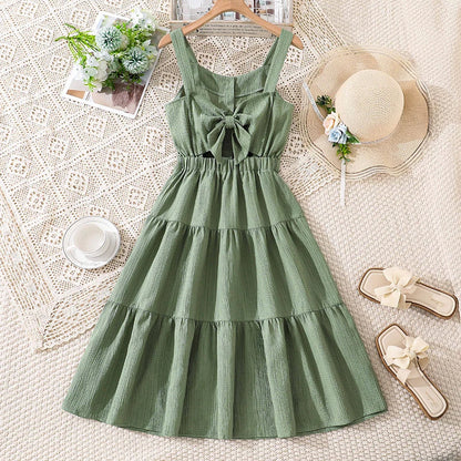 Girls 8–12Y Green Sleeveless Tiered Dress with Back Bow