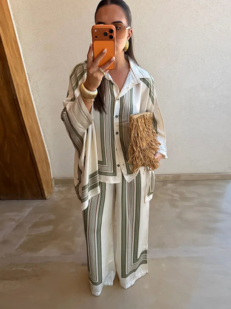 Women's Striped Shirt & Wide Leg Pants Set
