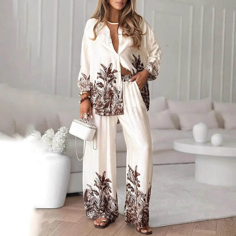 Women's Printed Shirt & Wide Leg Pants Set