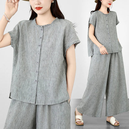 Women's Linen Blouse & Wide Leg Pants Set